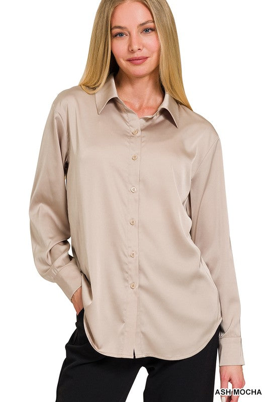 Satin Charmeuse Button Front Shirt-Market Grey Boutique