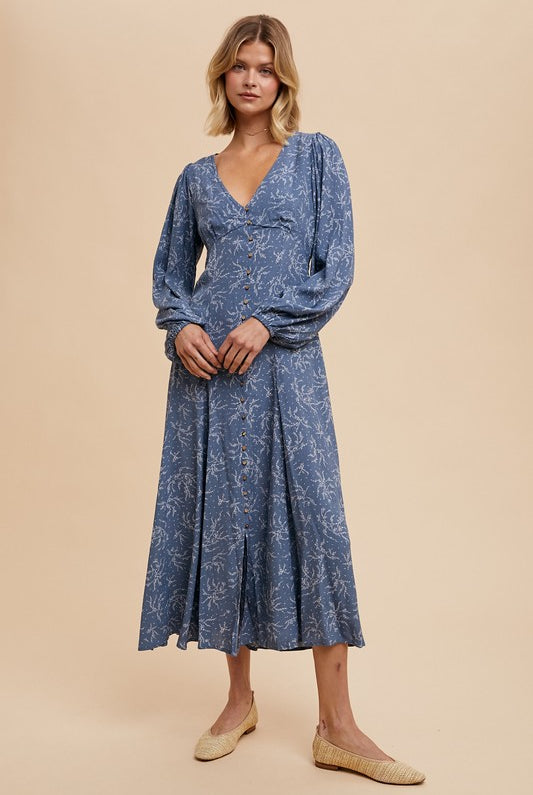 Dusky Blue Floral Fall Dress-Market Grey Boutique