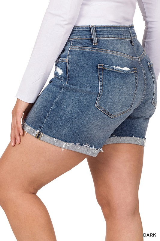 Plus Distressed Cuffed Raw Hem Denim Shorts-Market Grey Boutique