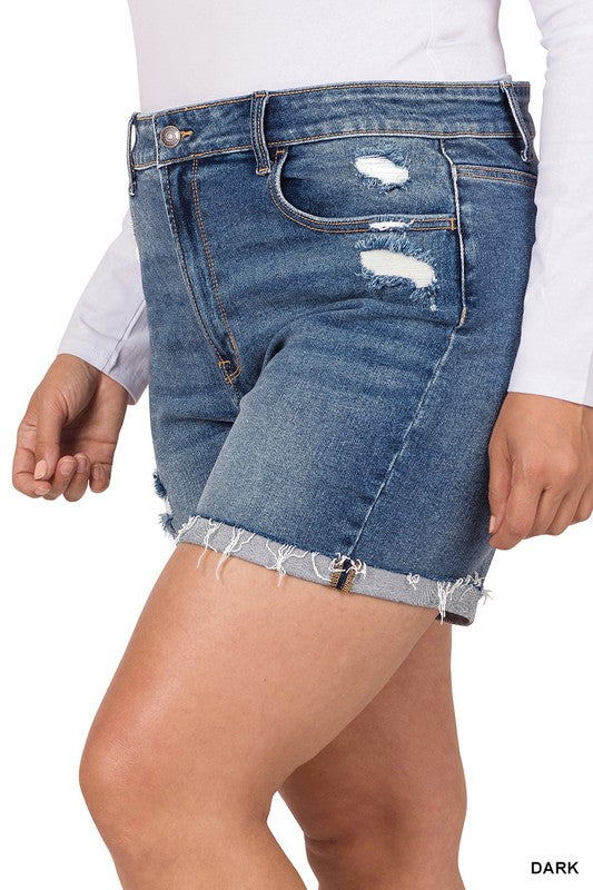 Plus Distressed Cuffed Raw Hem Denim Shorts-Market Grey Boutique