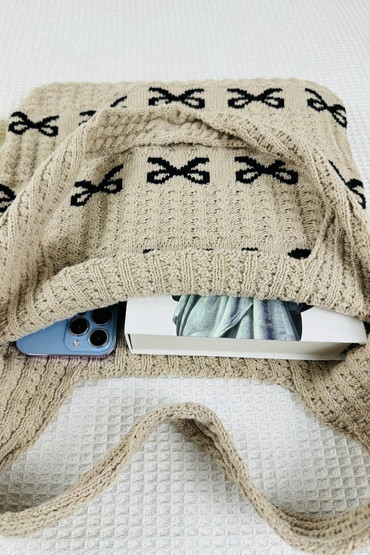 Ribbon Bow Knitted Crochet Tote-Market Grey Boutique