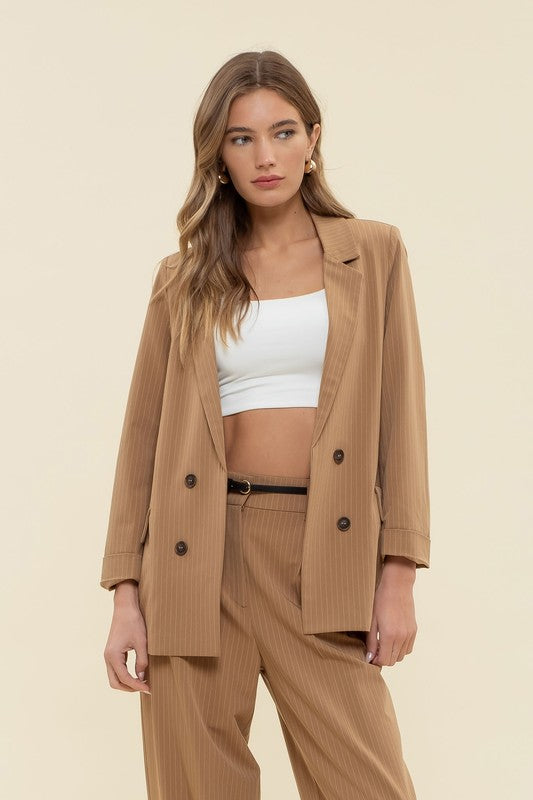 Pinstripe Notched Collar Jacket-Market Grey Boutique