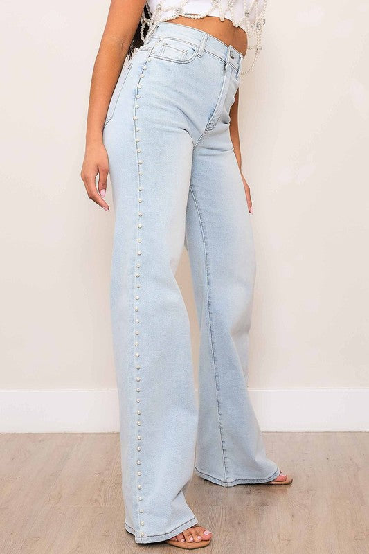 Pearl Stud High Rise Semi-Wide Leg Jeans-Market Grey Boutique