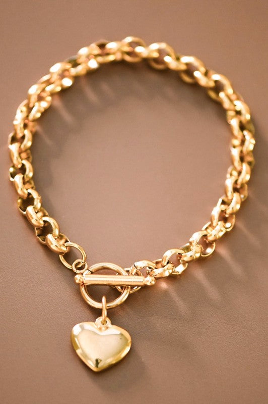 Stainless Steel Chain Bracelet w/heart charm-Market Grey Boutique