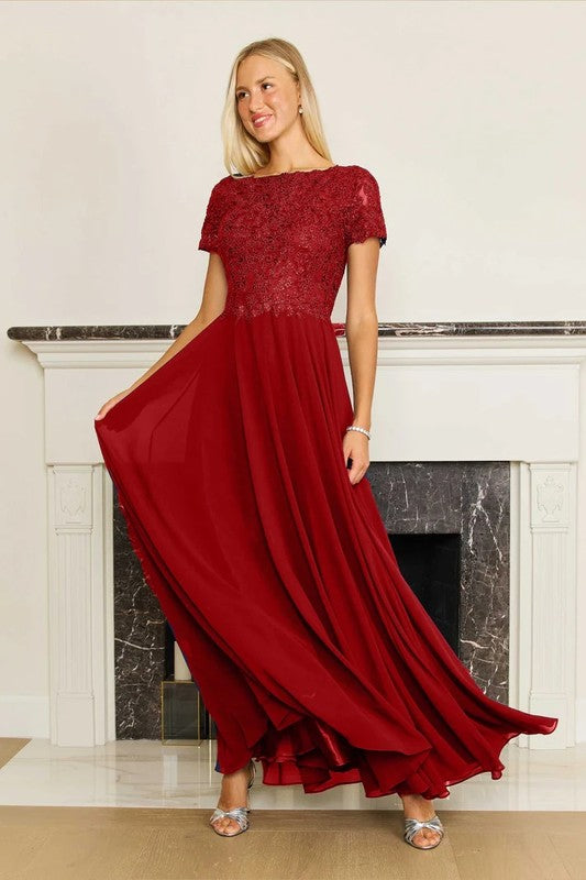 Burgundy Short Sleeve Mother Of The Bride Evening Dress-Market Grey Boutique