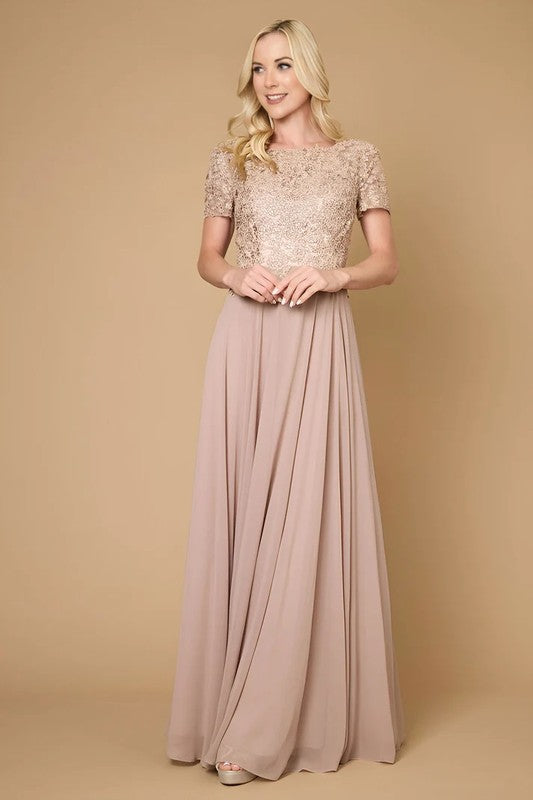 Mocha Short Sleeve Mother Of The Bride Evening Dress-Market Grey Boutique