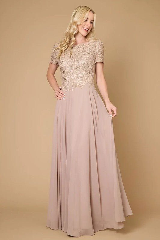 Mocha Short Sleeve Mother Of The Bride Evening Dress-Market Grey Boutique