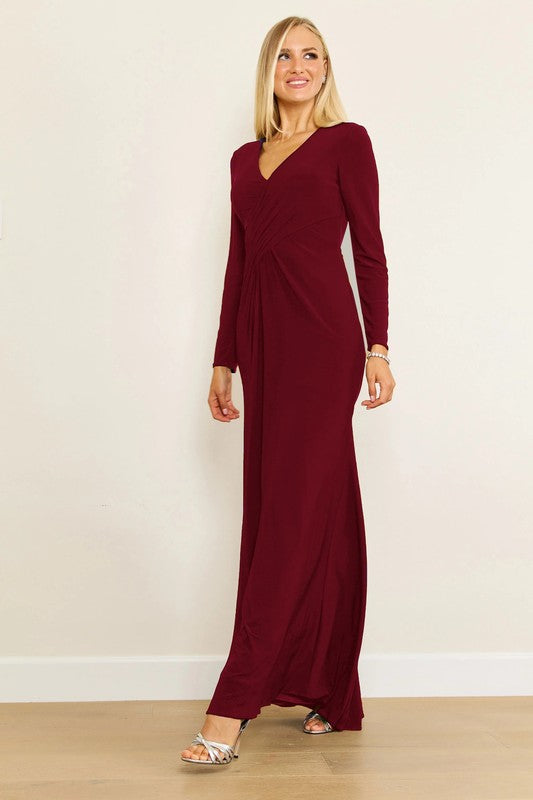Burgundy Formal MOB Long Sleeve Evening Gown-Market Grey Boutique