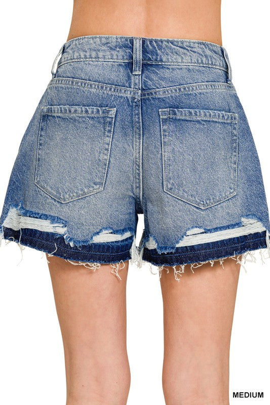 Zenana Distressed Double Hem Denim Shorts-Market Grey Boutique