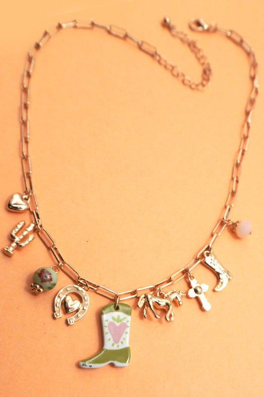 Western Boot Horse Cross Charm Necklace-Market Grey Boutique