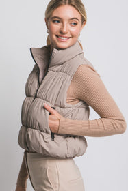 Taupe Black Trim Cropped Puffer Vest