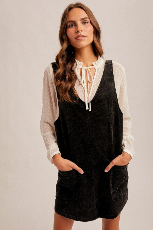 Black Corduroy Pinafore Overall Dress-Market Grey Boutique