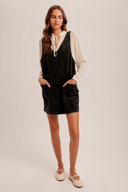 Black Corduroy Pinafore Overall Dress-Market Grey Boutique