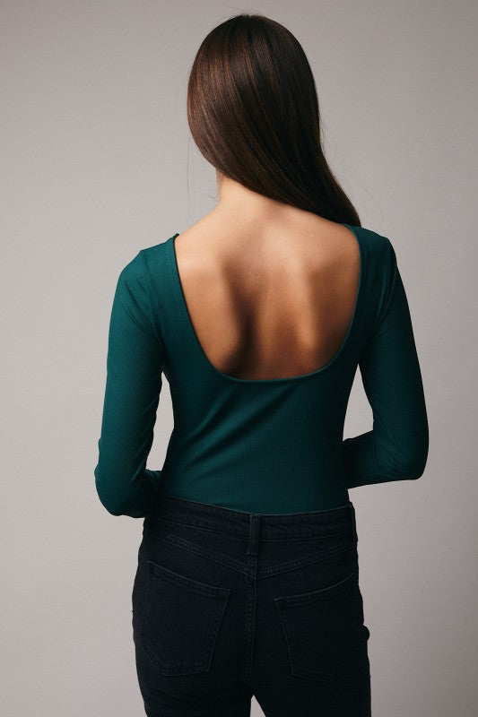 Teal Boat Neck Open Back Bodysuit-Market Grey Boutique