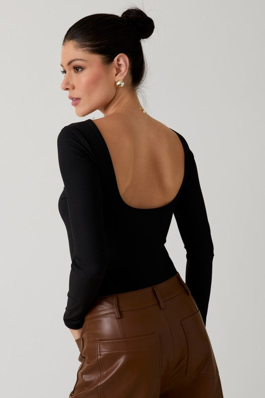 Black Boat Neck Open Back Bodysuit-Market Grey Boutique