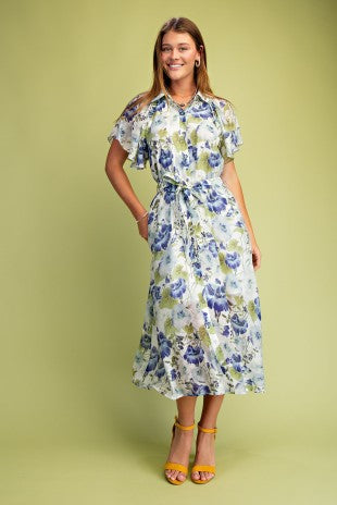 Blue Mix Floral Midi Collared Dress-Market Grey Boutique