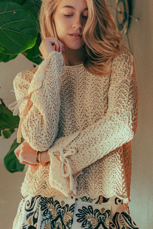 Tie Cuff Crochet Knit Top-Market Grey Boutique