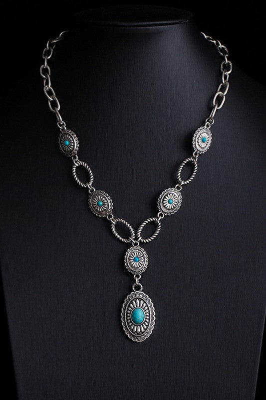 Turquoise/Silver Tone Western Cowboy Necklace-Market Grey Boutique