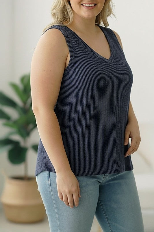 Curvy Navy Wavy Ribbed Tank Top-Market Grey Boutique