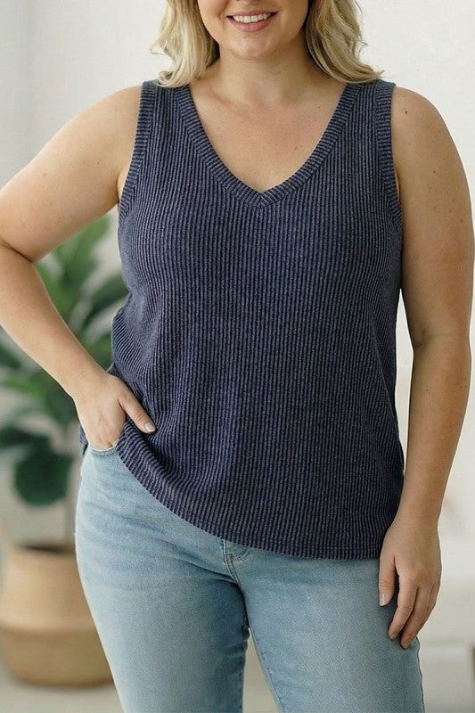 Curvy Navy Wavy Ribbed Tank Top-Market Grey Boutique