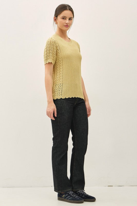Buttermilk Short Sleeve Scallop Sweater-Market Grey Boutique