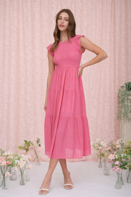 Pink Smocked Tiered Midi Dress-Market Grey Boutique