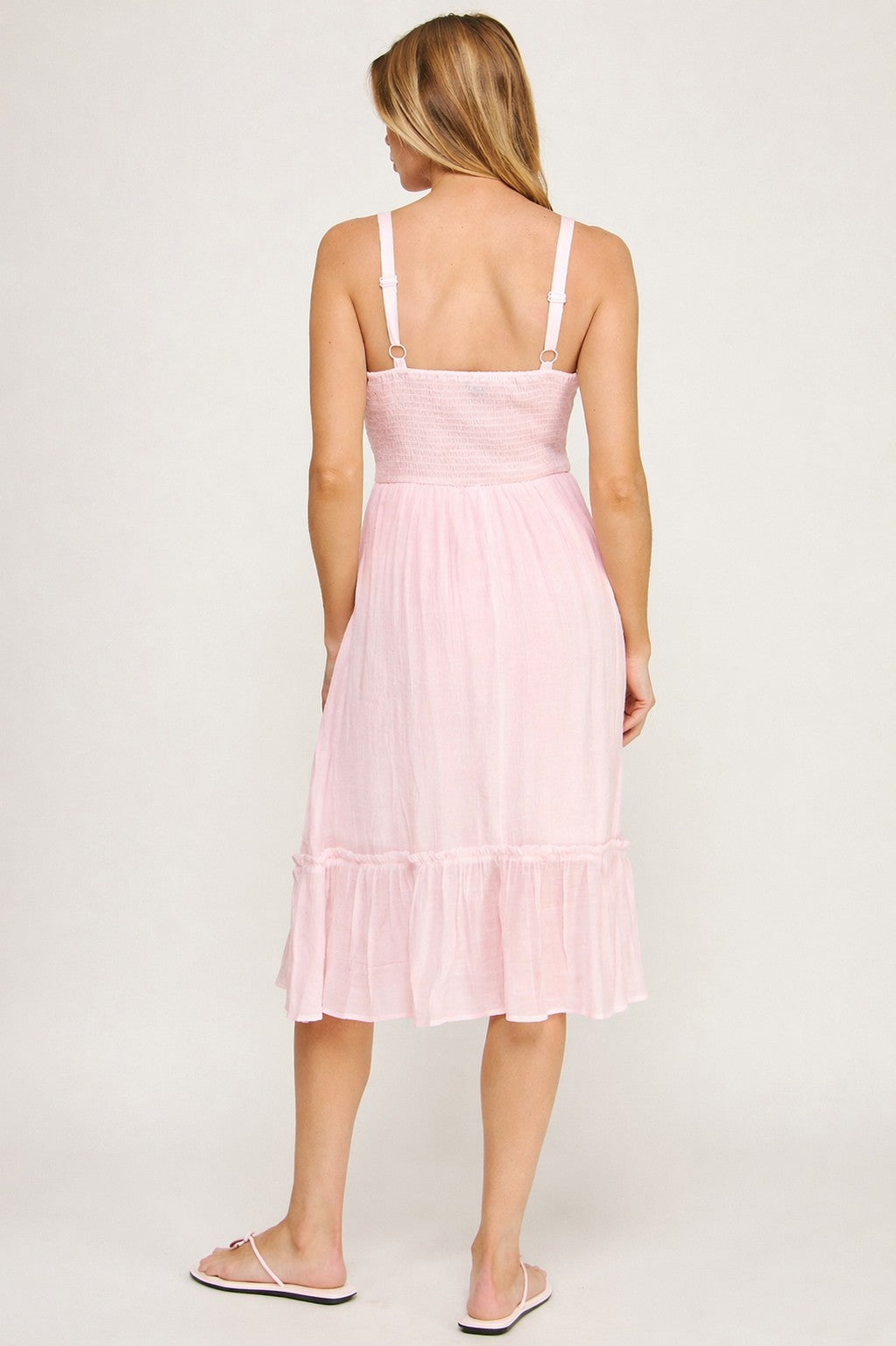 Pink Smocked Bodice Tiered Midi Dress-Market Grey Boutique