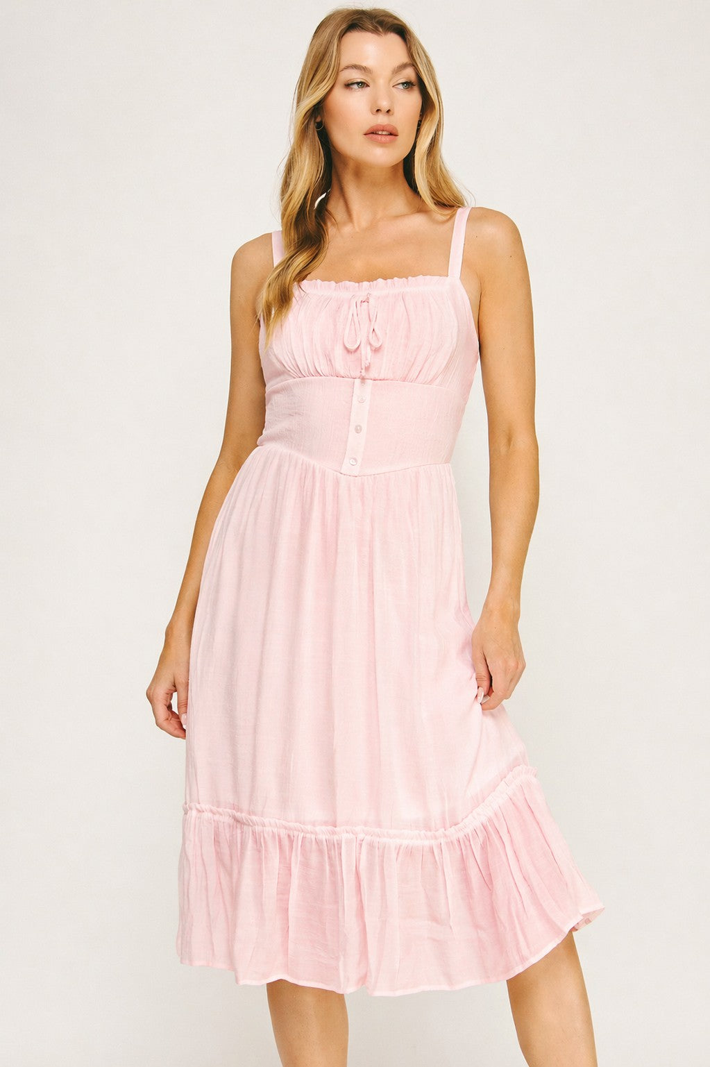 Pink Smocked Bodice Tiered Midi Dress-Market Grey Boutique