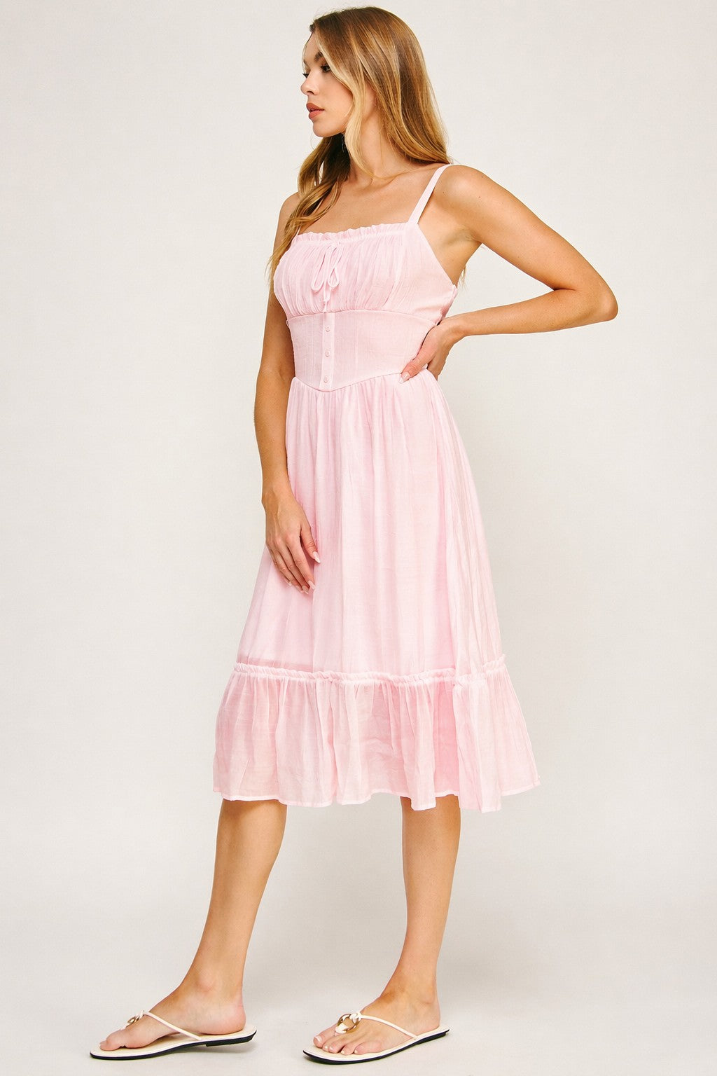 Pink Smocked Bodice Tiered Midi Dress-Market Grey Boutique