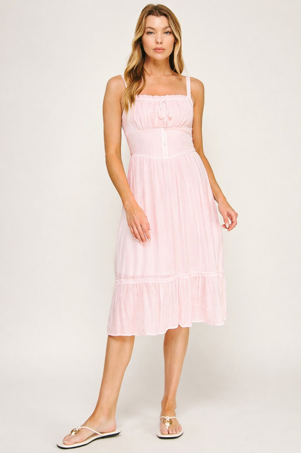 Pink Smocked Bodice Tiered Midi Dress-Market Grey Boutique