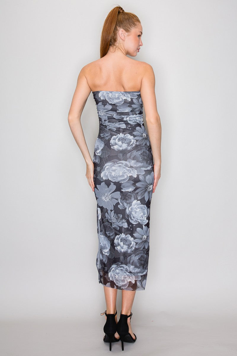 Strapless B/W Floral Mesh Midi Dress-Market Grey Boutique