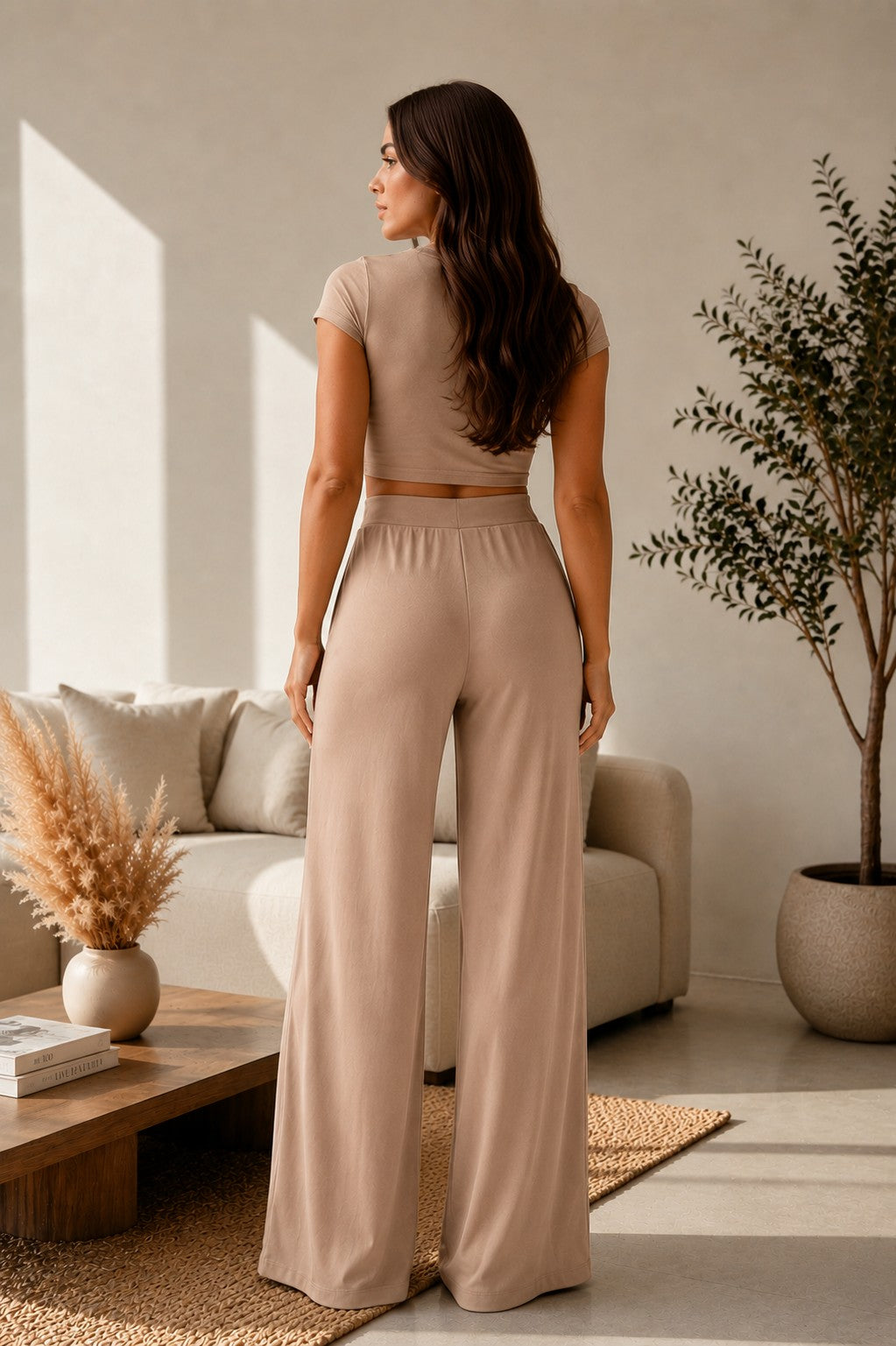 Taupe 2pc Crop Top + Lounge Pants Set-Market Grey Boutique
