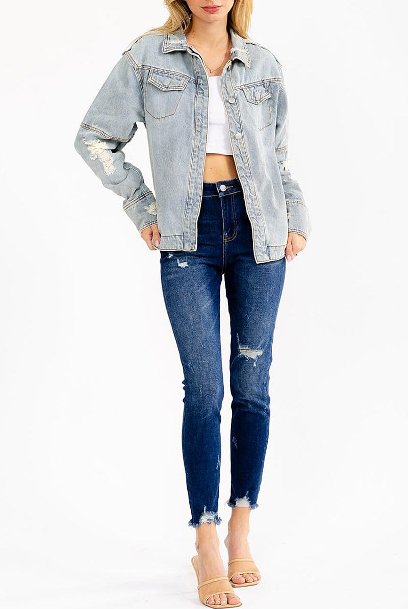 Distressed Top Button Denim Jacket-Market Grey Boutique