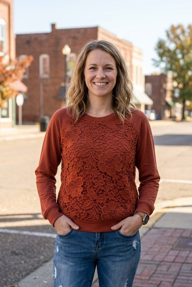 Rust French Terry Flower Patch Pullover-Market Grey Boutique