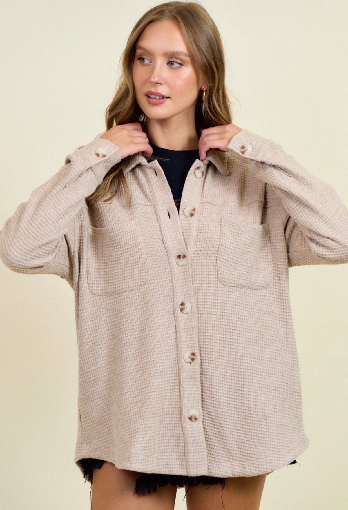 Waffle Front Patch Knit Shacket-Market Grey Boutique