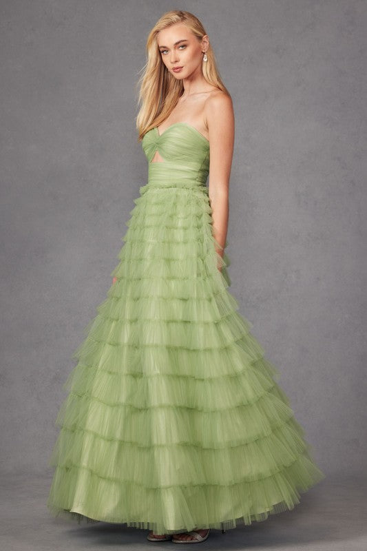 Preview Only - 2026 Sage Green Strapless Keyhole Tiered Ruffle Gownđ¤-Market Grey Boutique