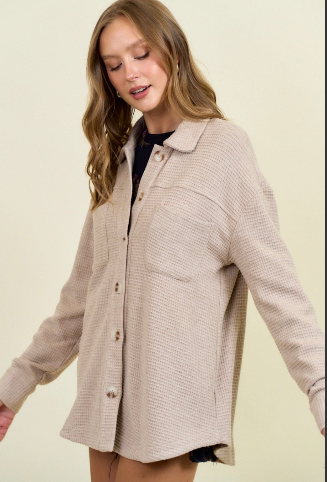 Waffle Front Patch Knit Shacket-Market Grey Boutique