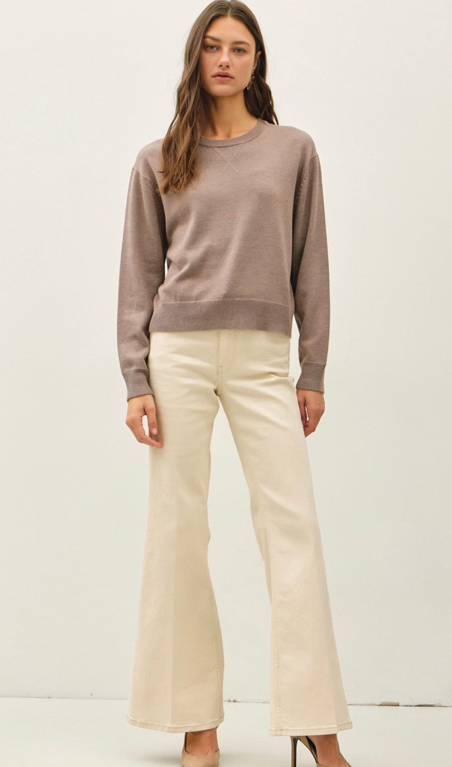 Mocha V Notch Stitch Crew Sweater-Market Grey Boutique