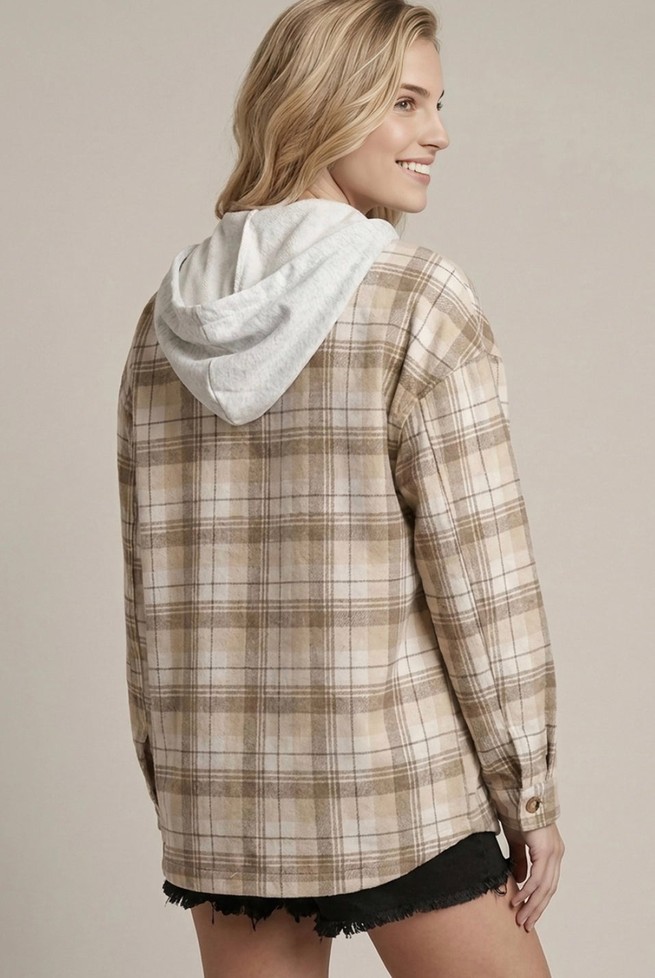 Beige Hooded Plaid Shacket-Market Grey Boutique