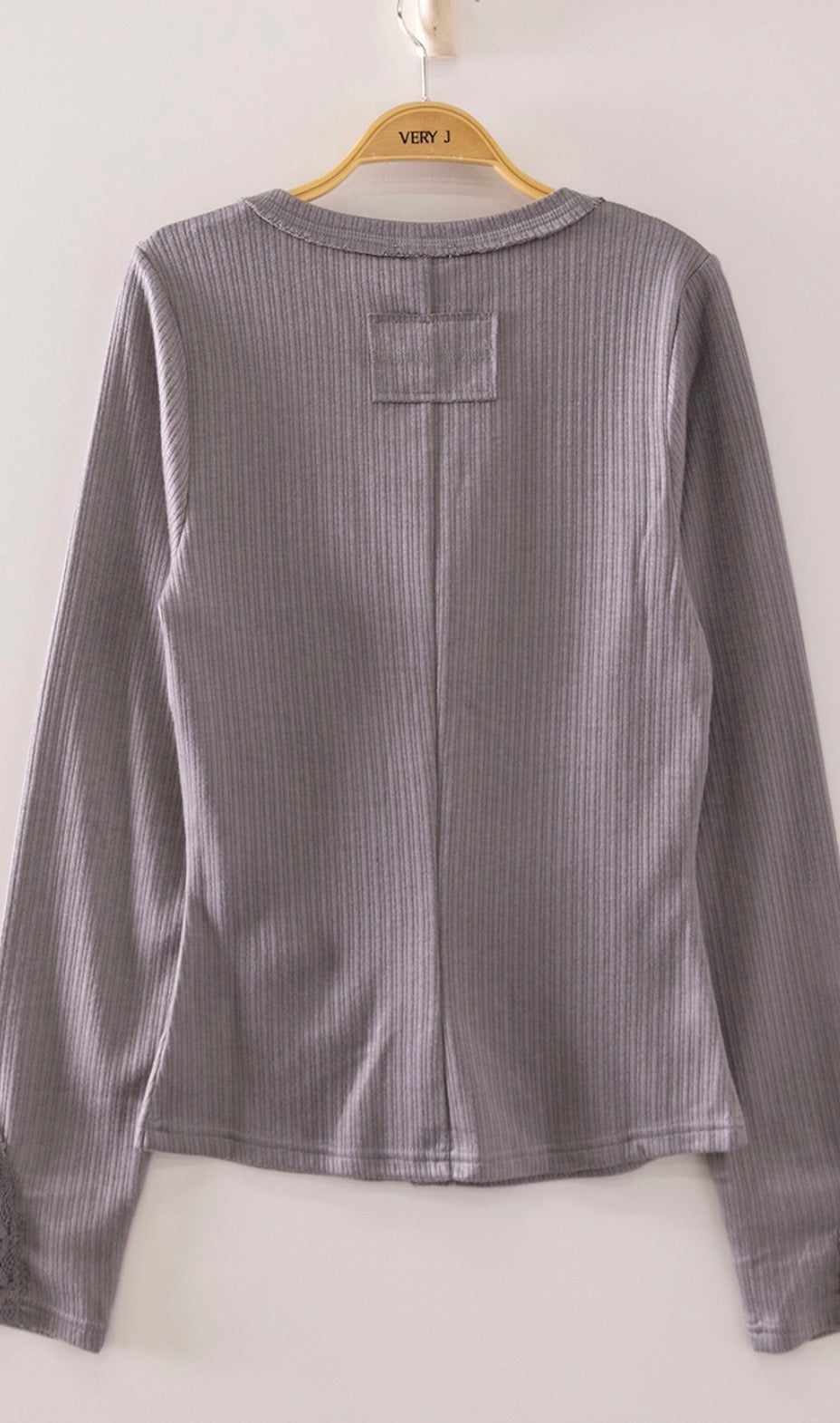 Grey Lace Sleeved Ribbed Top-Market Grey Boutique