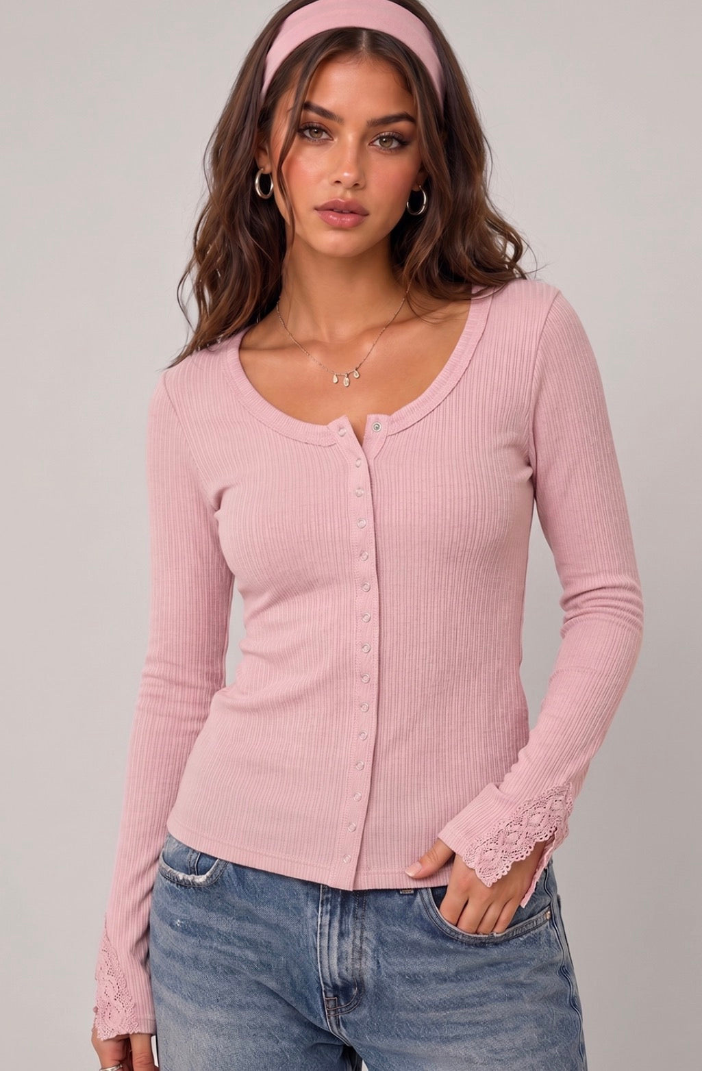 Pink Lace Sleeved Ribbed Top-Market Grey Boutique