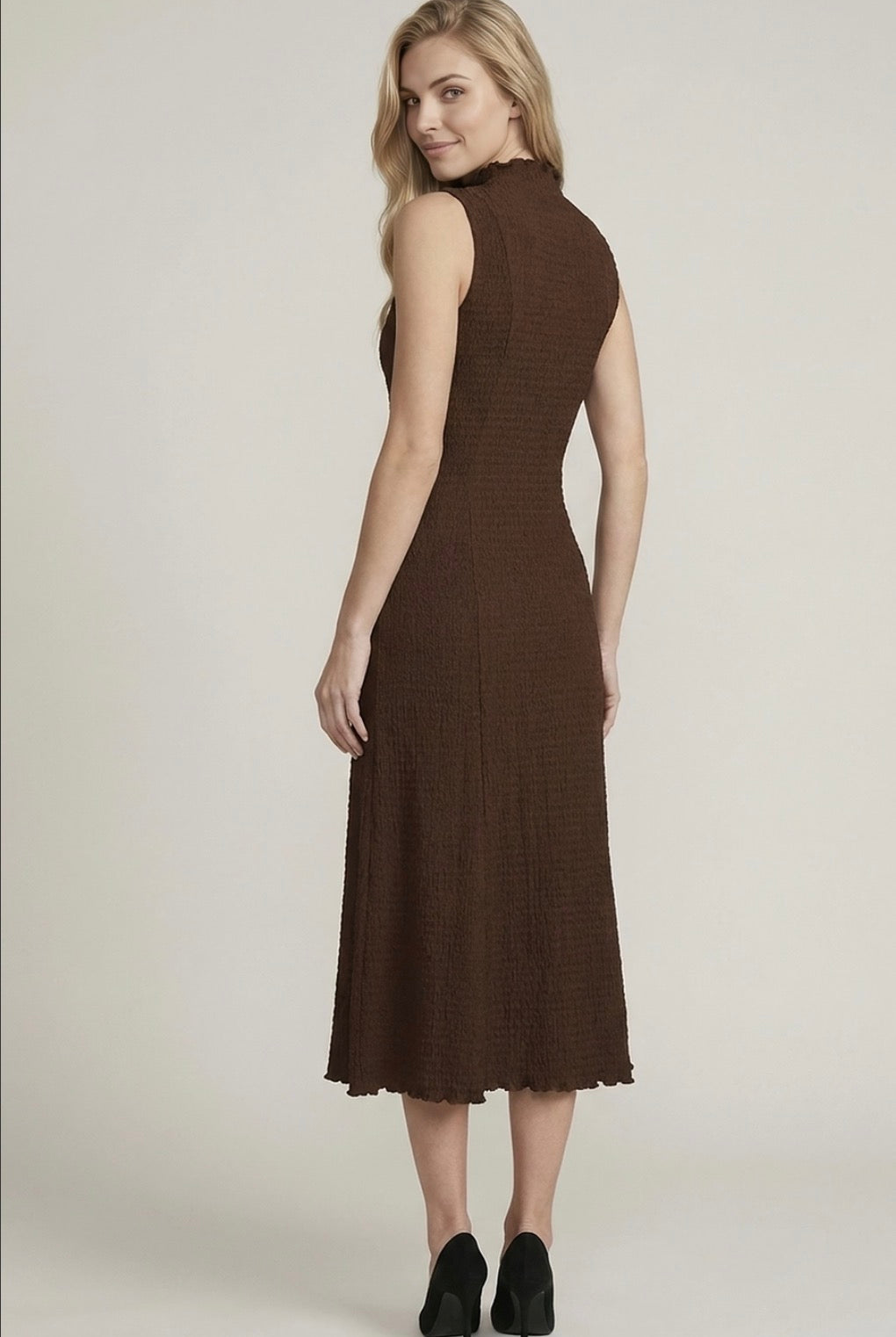 Brown Smocked Crinkle Midi Dress-Market Grey Boutique