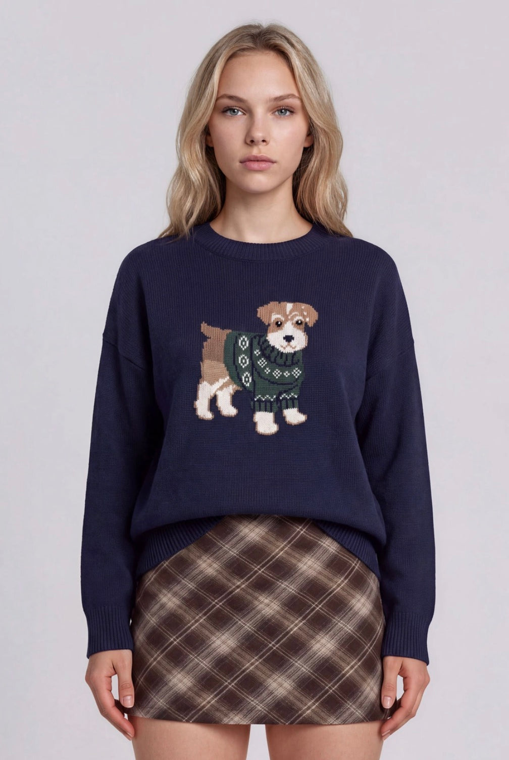 Puppy Jacquard Long Sleeve Knit Pullover Sweater-Market Grey Boutique