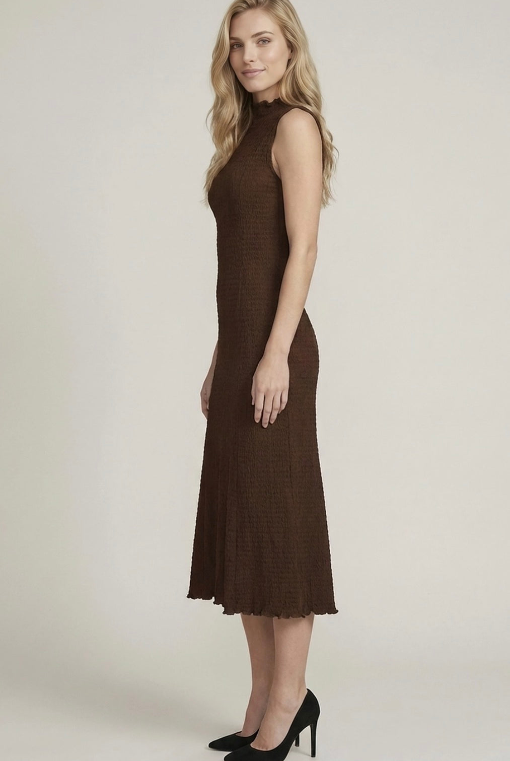Brown Smocked Crinkle Midi Dress-Market Grey Boutique