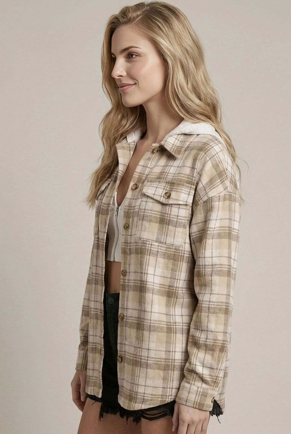 Beige Hooded Plaid Shacket-Market Grey Boutique