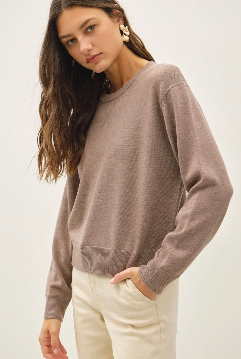 Mocha V Notch Stitch Crew Sweater-Market Grey Boutique