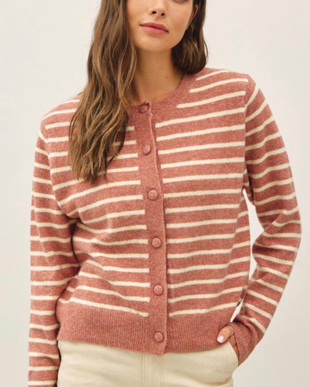 Cream/Brick Striped Button Cardigan-Market Grey Boutique
