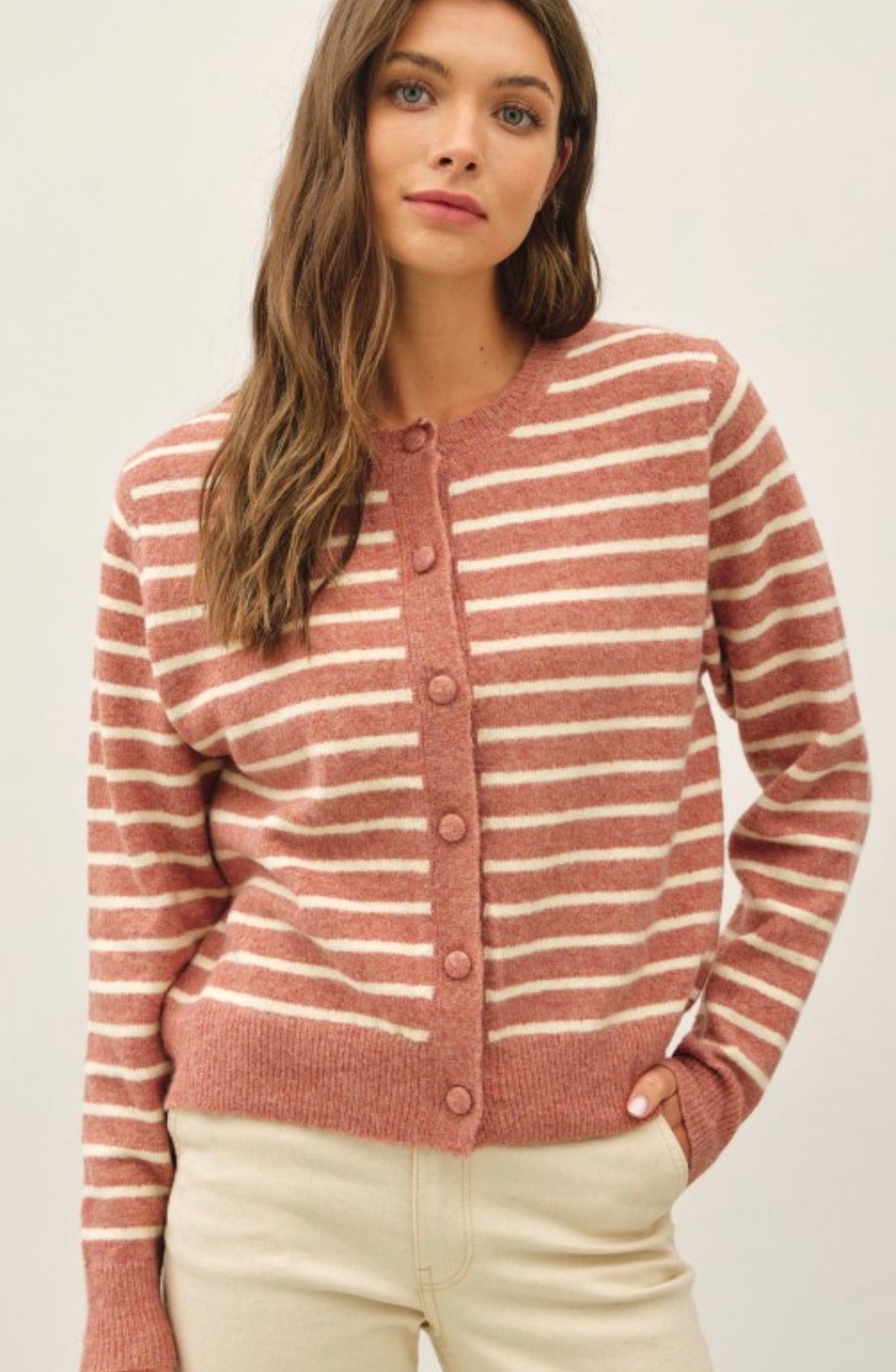 Cream/Brick Striped Button Cardigan-Market Grey Boutique
