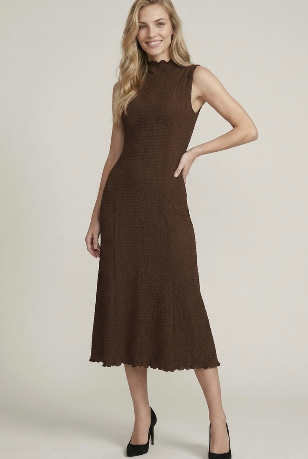 Brown Smocked Crinkle Midi Dress-Market Grey Boutique