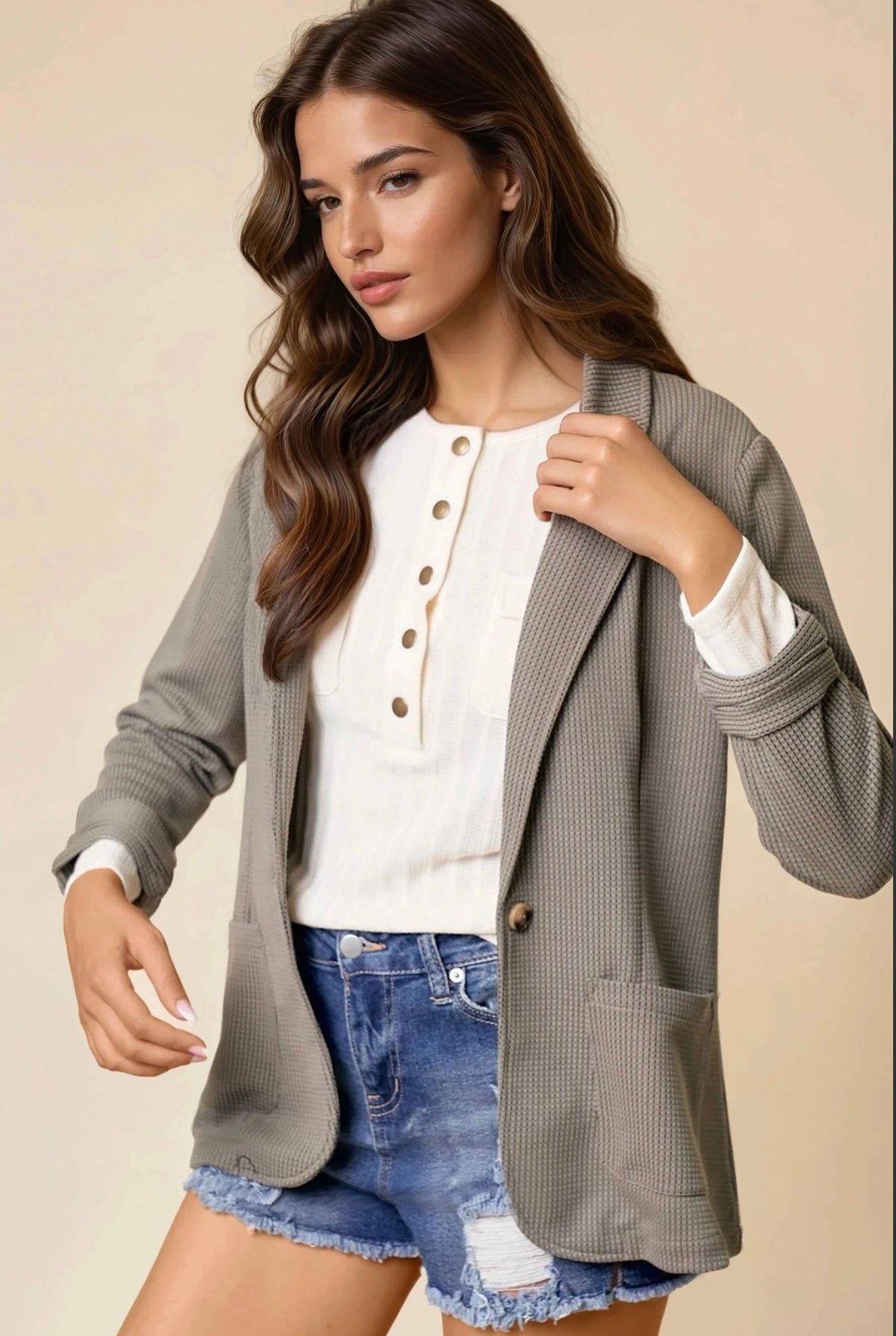 Olive Shirred Textured Blazer-Market Grey Boutique